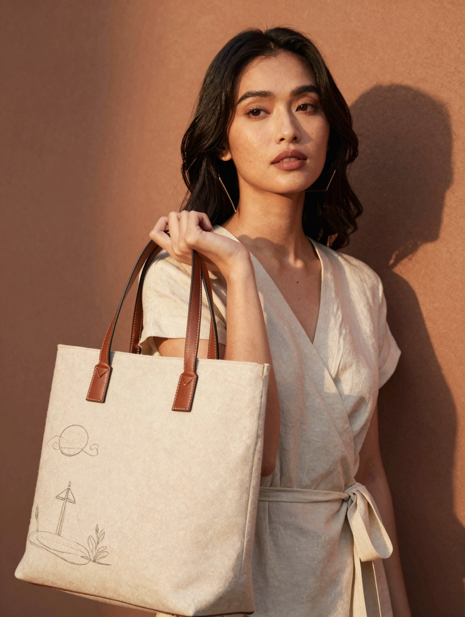 Model Indonesia memamerkan tote kanvas custom Micaela Bags