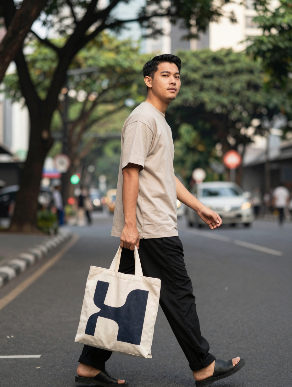 Pria Indonesia berjalan di Bandung membawa shopper tote berdesain abstrak