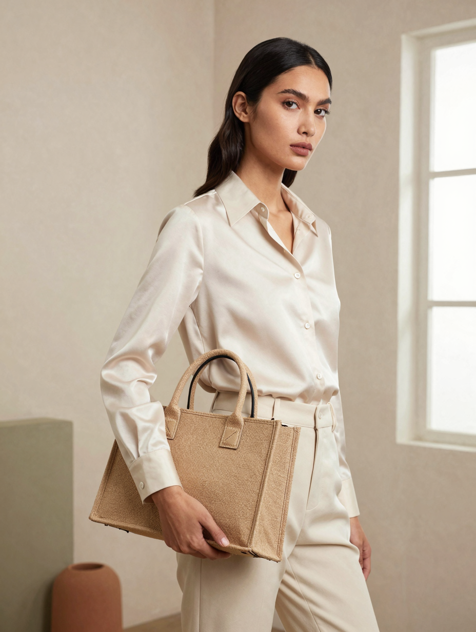 Model studio mengangkat goni tote terstruktur warna krem